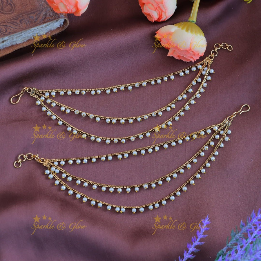 Statement Three layer Pearl Earchain - Sparkle and Glow - 