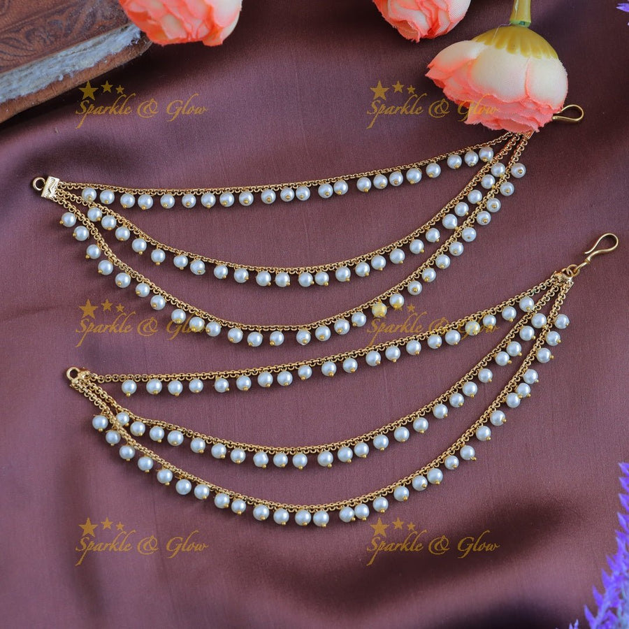Statement Three Layer Bridal Pearl Earchain - Sparkle and Glow - 