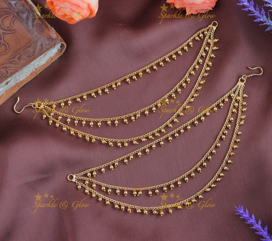 Statement Three layer Gold beads Earchain - Sparkle and Glow - 