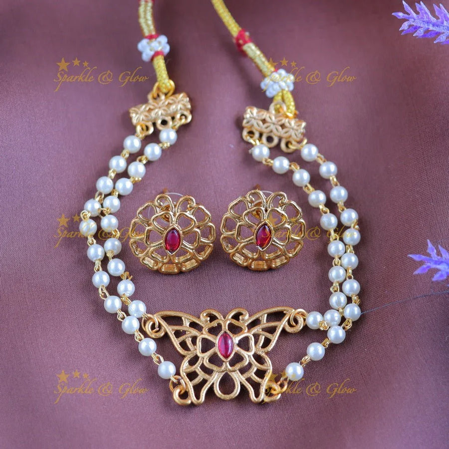 Elegant Butterfly pendant pearl choker-Ruby - Sparkle and Glow