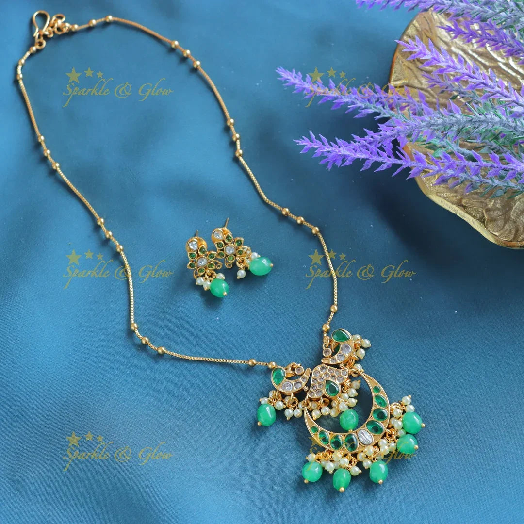 Gracious Kemp Half moon Peacock Floral Antique pendant chain-Coral - Sparkle and Glow