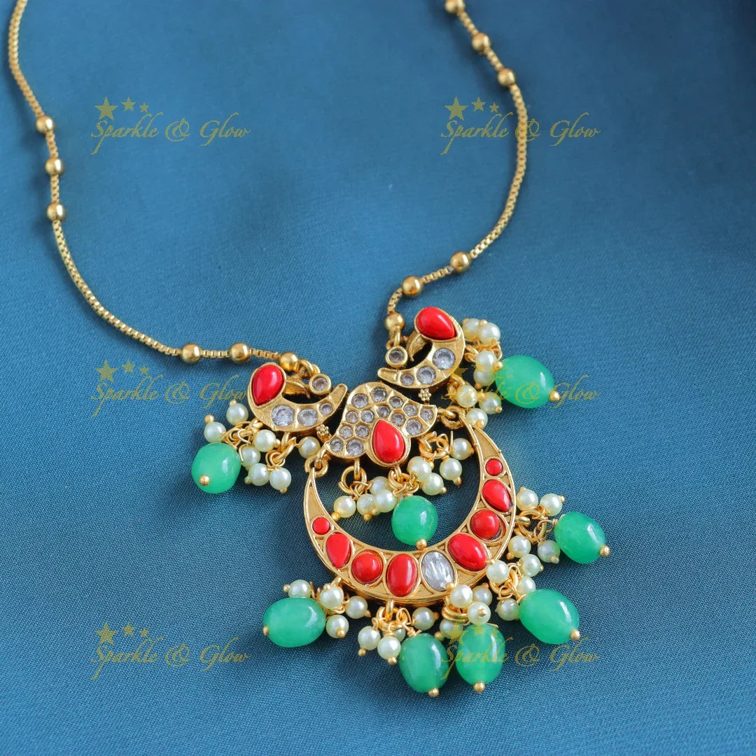 Gracious Kemp Half moon Peacock Floral Antique pendant chain-Coral - Sparkle and Glow