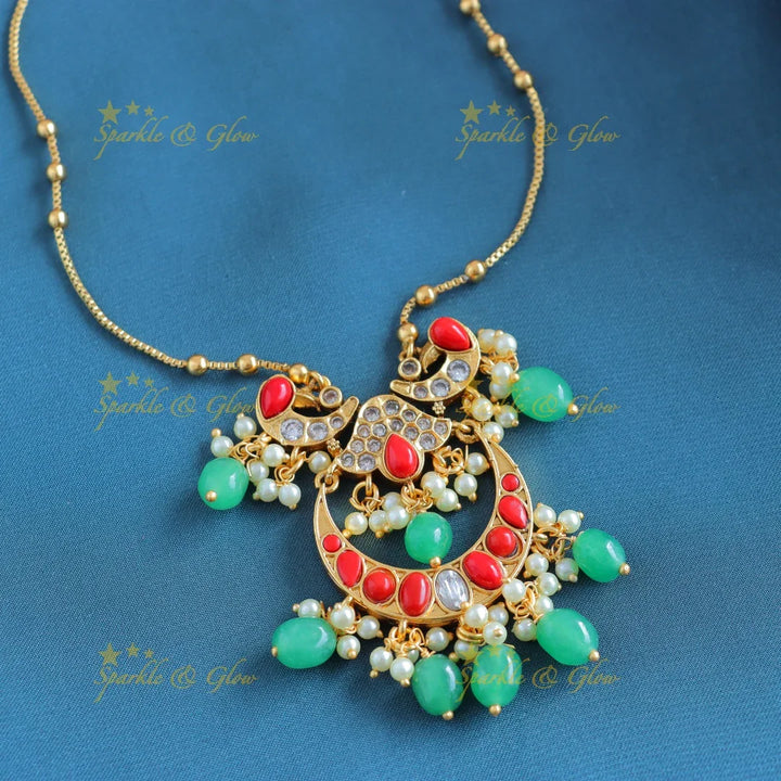 Gracious Kemp Half moon Peacock Floral Antique pendant chain-Coral - Sparkle and Glow