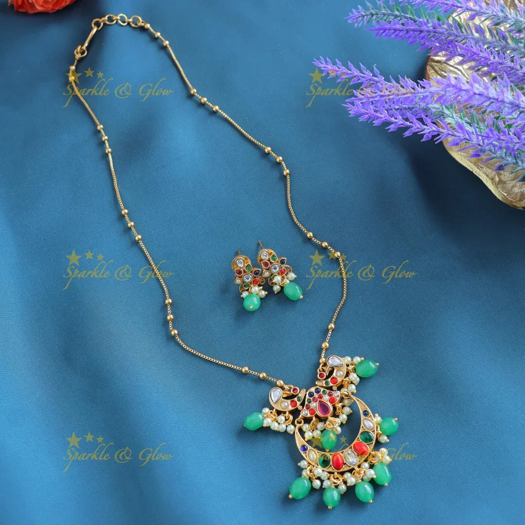 Gracious Kemp Half moon Peacock Floral Antique pendant chain-Coral - Sparkle and Glow