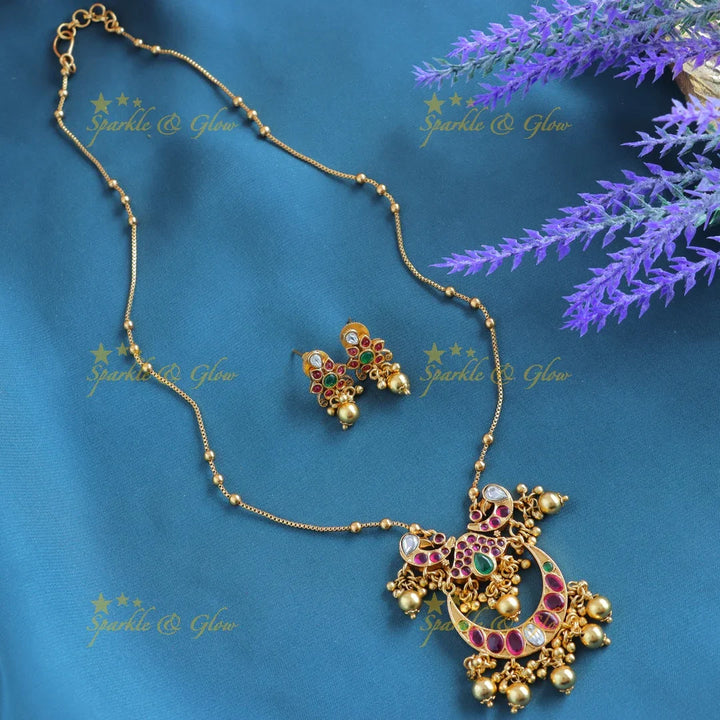 Gracious Kemp Half moon Peacock Floral Antique pendant chain-Coral - Sparkle and Glow