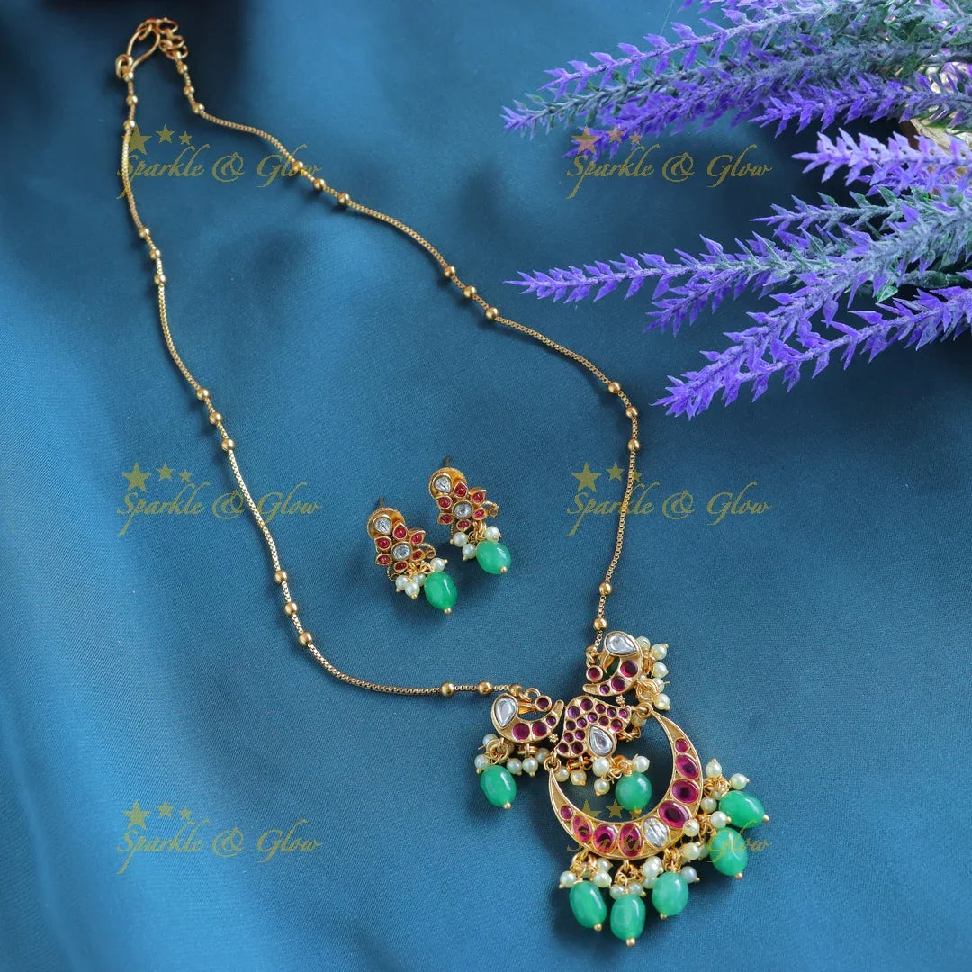 Gracious Kemp Half moon Peacock Floral Antique pendant chain-Coral - Sparkle and Glow
