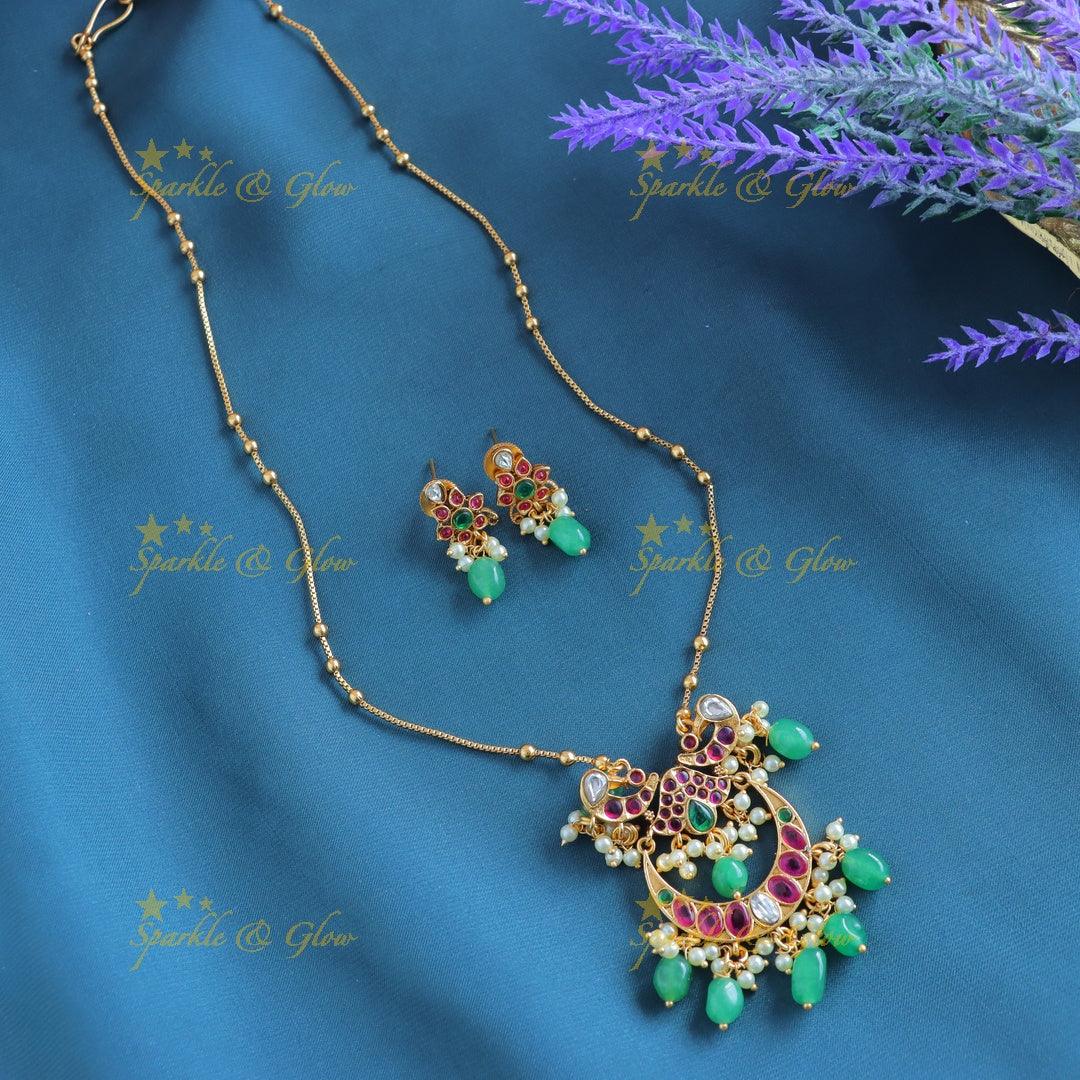Gracious Kemp Half moon Peacock Floral Antique pendant chain-Coral - Sparkle and Glow