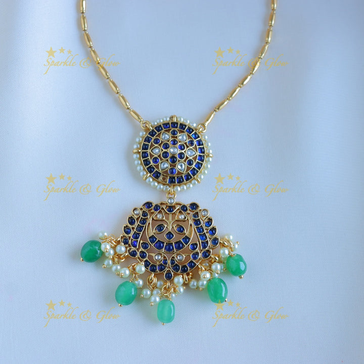 Elegant Kemp Half moon Floral Antique pendant chain-Blue