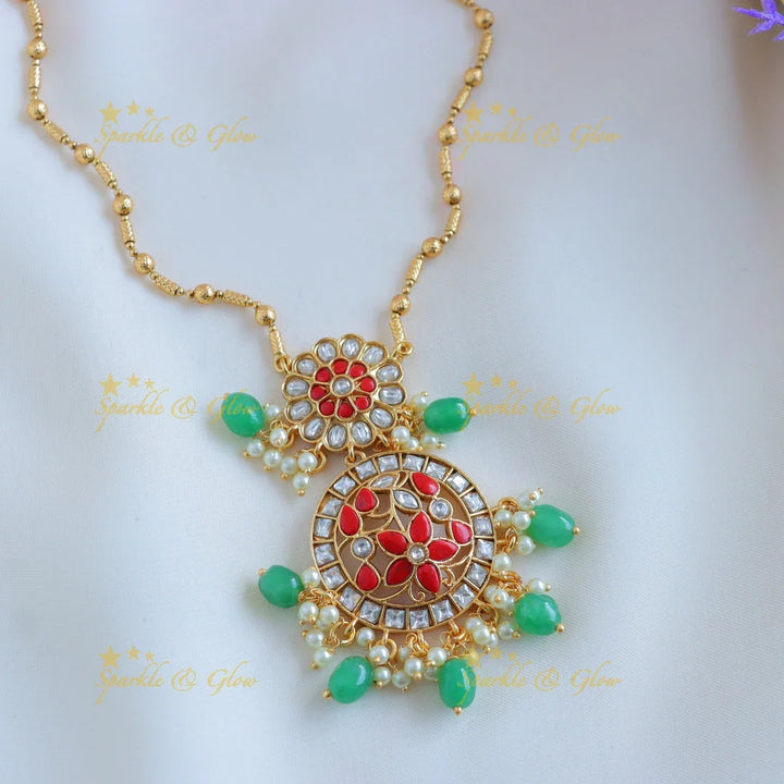 Sparkling Kemp Floral Antique pendant chain with green beads-Coral - Sparkle and Glow
