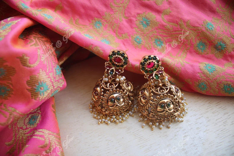 Gold alike antique polished kemp stones jhumukas - Multi - Sparkle and Glow