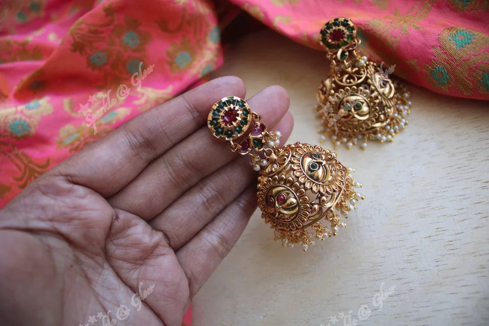 Gold alike antique polished kemp stones jhumukas - Multi - Sparkle and Glow