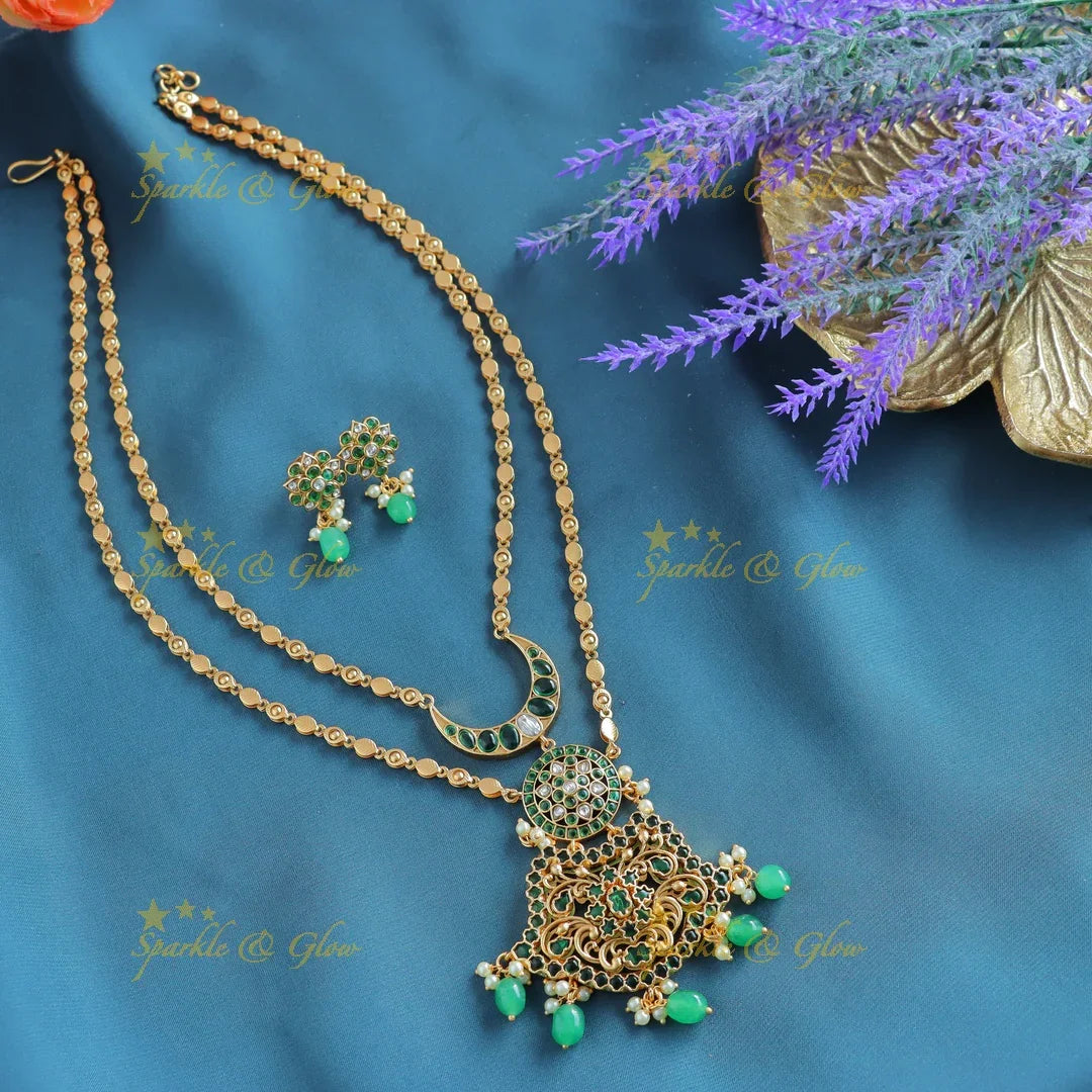 Grand Kemp Two layer moon Floral design pendant chain with green beads-Purple - Sparkle and Glow