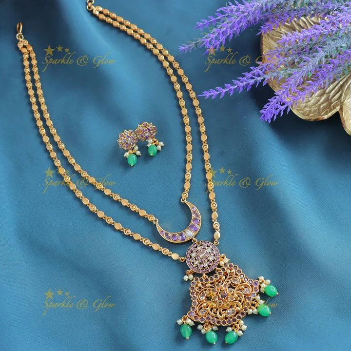 Grand Kemp Two layer moon Floral design pendant chain with green beads-Purple - Sparkle and Glow