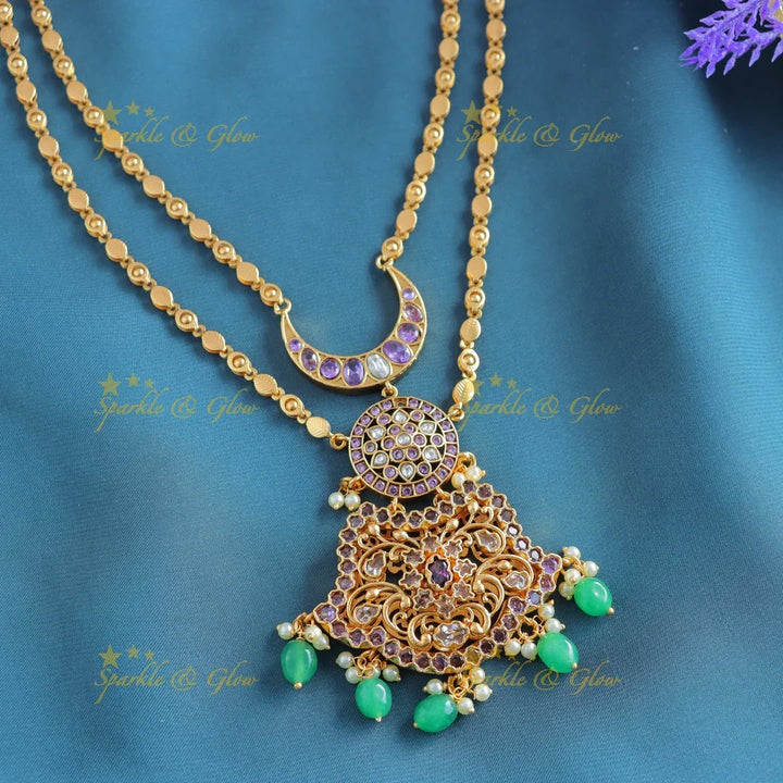 Grand Kemp Two layer moon Floral design pendant chain with green beads-Purple - Sparkle and Glow