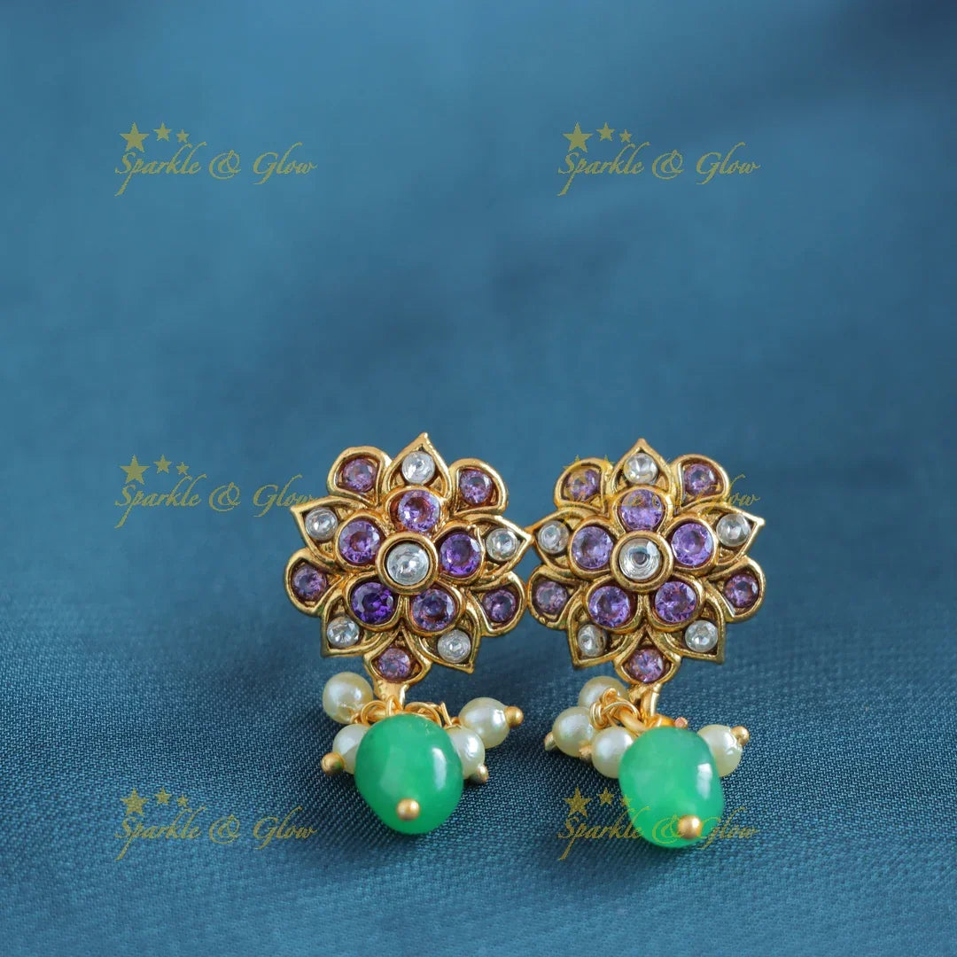 Grand Kemp Two layer moon Floral design pendant chain with green beads-Purple - Sparkle and Glow