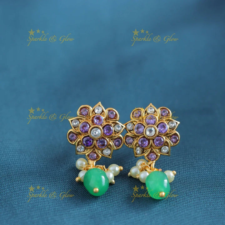 Grand Kemp Two layer moon Floral design pendant chain with green beads-Purple - Sparkle and Glow