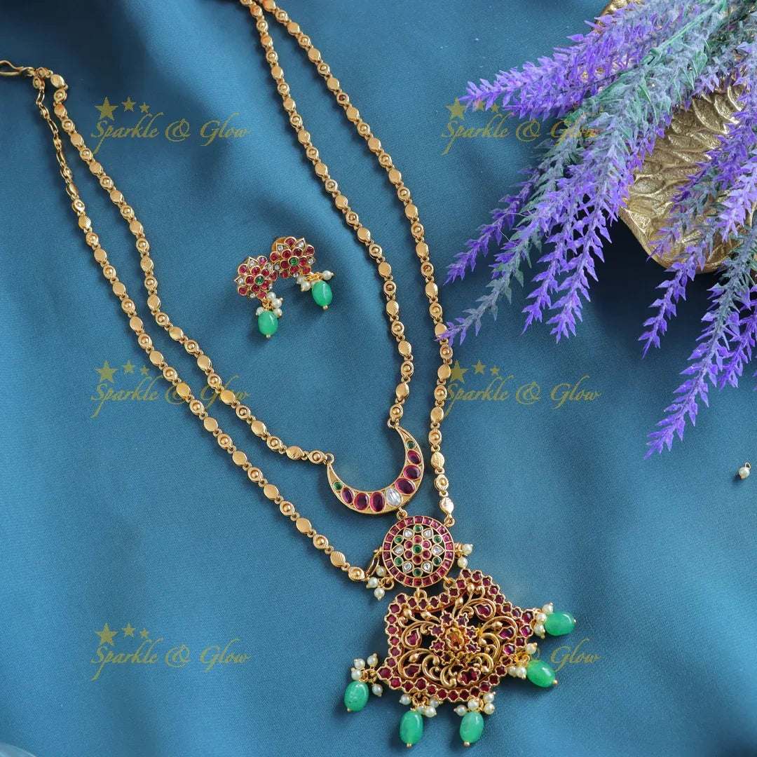 Grand Kemp Two layer moon Floral design pendant chain with green beads-Purple - Sparkle and Glow