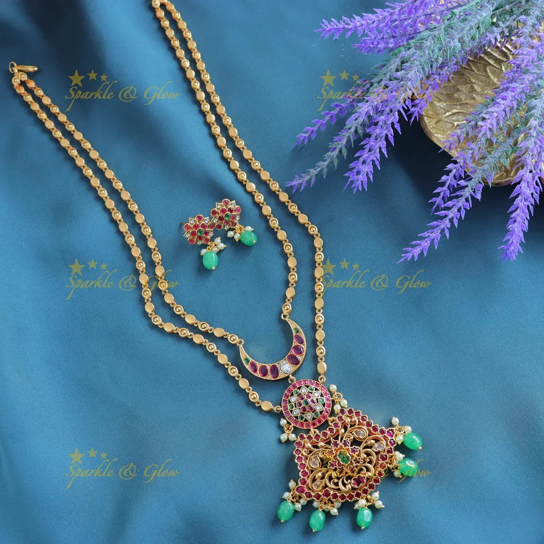 Grand Kemp Two layer moon Floral design pendant chain with green beads-Purple - Sparkle and Glow