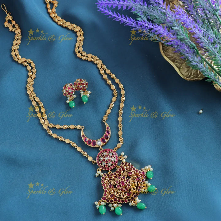 Grand Kemp Two layer moon Floral design pendant chain with green beads-Purple - Sparkle and Glow