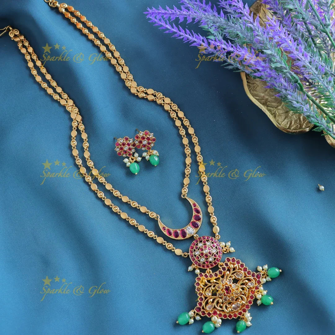 Grand Kemp Two layer moon Floral design pendant chain with green beads-Purple - Sparkle and Glow