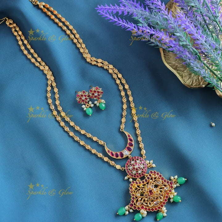 Grand Kemp Two layer moon Floral design pendant chain with green beads-Purple - Sparkle and Glow