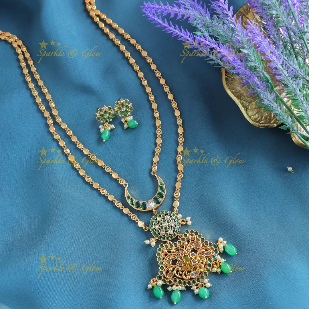 Grand Kemp Two layer moon Floral design pendant chain with green beads-Purple - Sparkle and Glow