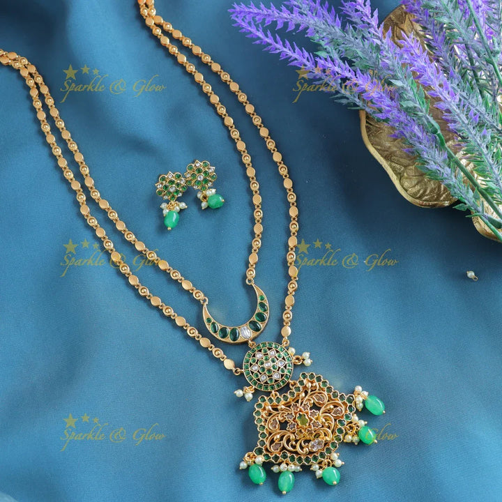Grand Kemp Two layer moon Floral design pendant chain with green beads-Purple - Sparkle and Glow