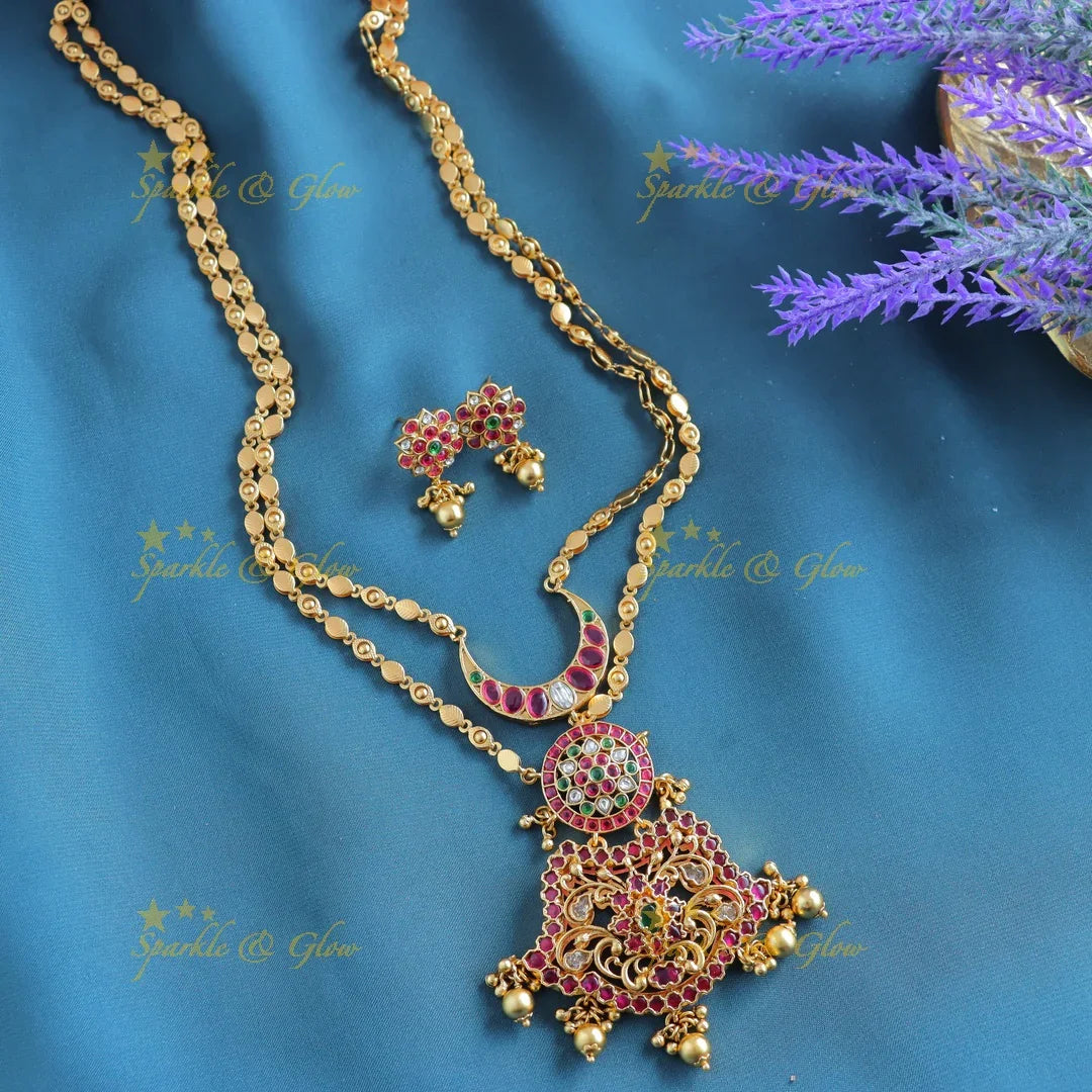 Grand Kemp Two layer moon Floral design pendant chain with green beads-Purple - Sparkle and Glow
