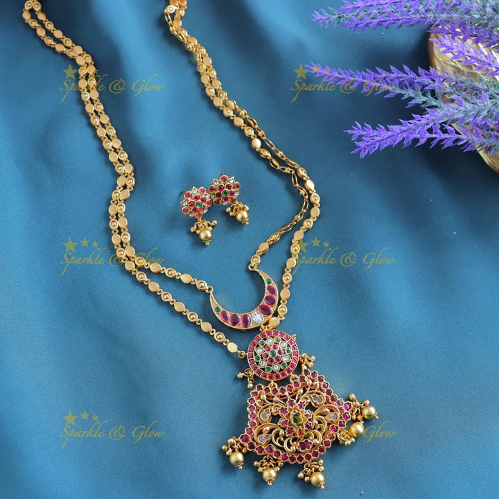 Grand Kemp Two layer moon Floral design pendant chain with green beads-Purple - Sparkle and Glow