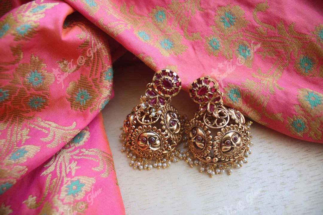 Gold alike antique polished kemp stones jhumukas - Multi - Sparkle and Glow