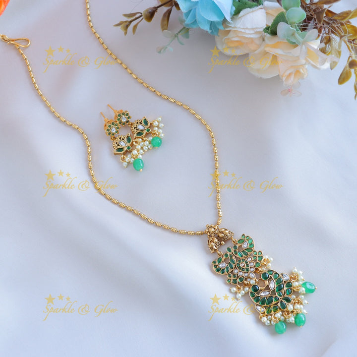 Beautiful Kemp Dual tone Peacock Mango Floral pendant chain with gold beads-Gold-multi