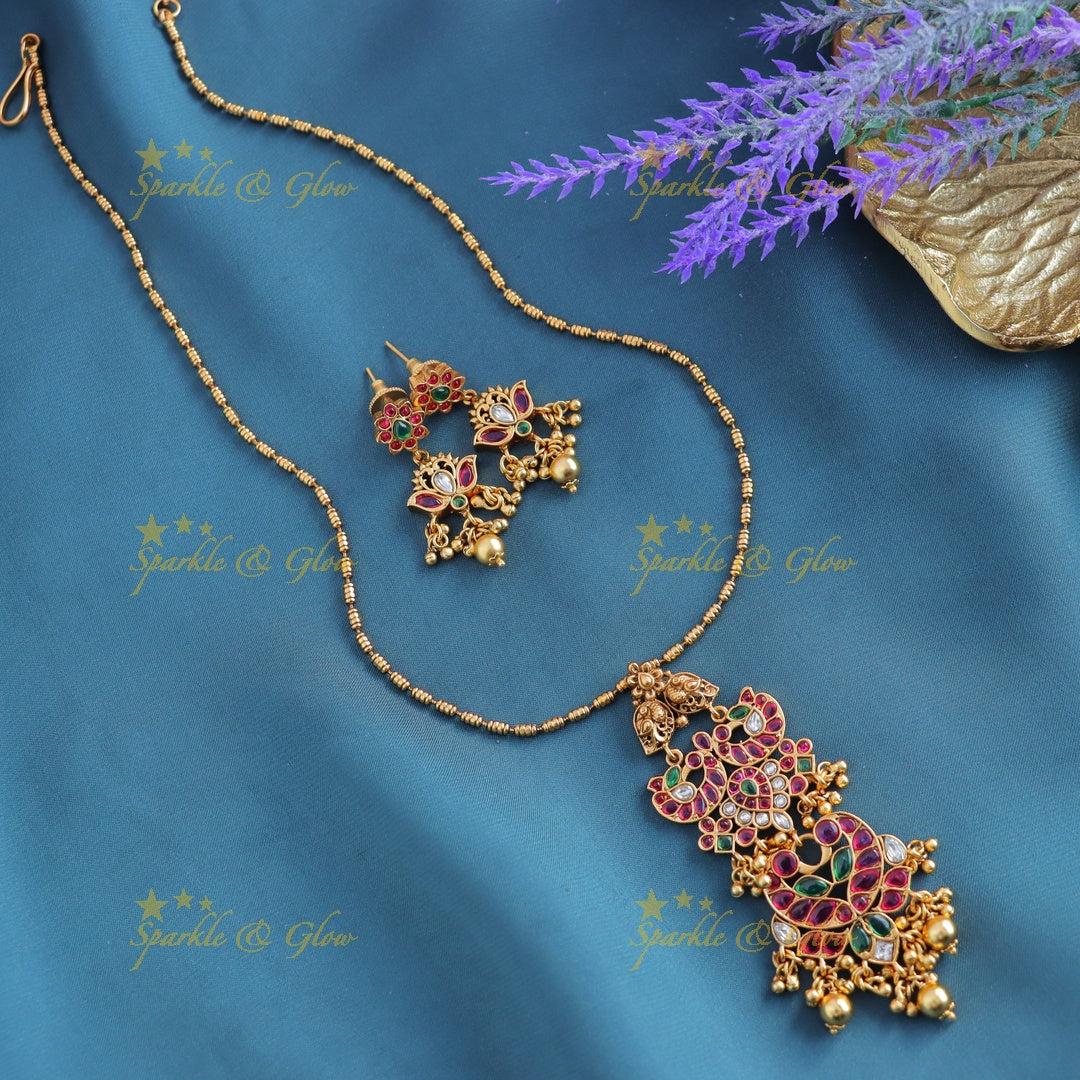 Beautiful Kemp Dual tone Peacock Mango Floral pendant chain with gold beads-Gold-multi