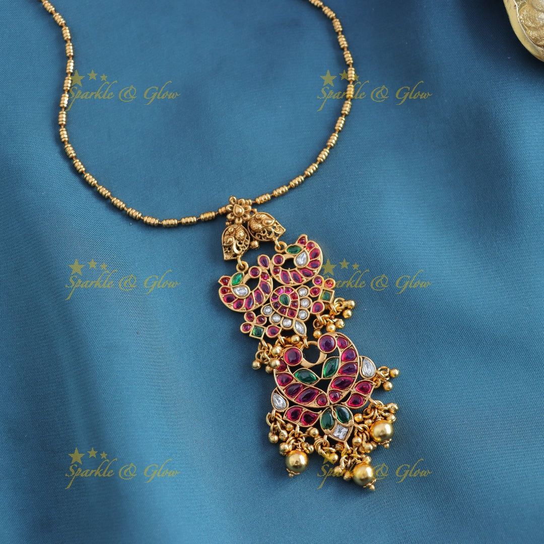 Beautiful Kemp Dual tone Peacock Mango Floral pendant chain with gold beads-Gold-multi