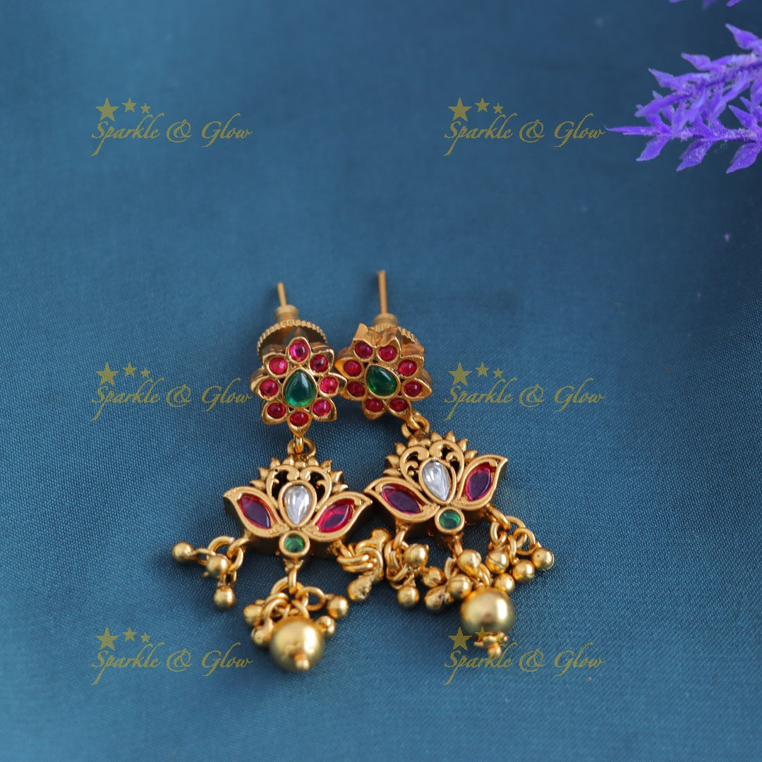 Beautiful Kemp Dual tone Peacock Mango Floral pendant chain with gold beads-Gold-multi