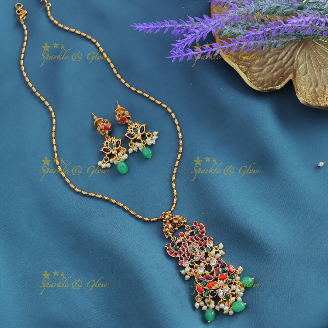 Beautiful Kemp Dual tone Peacock Mango Floral pendant chain with gold beads-Gold-multi