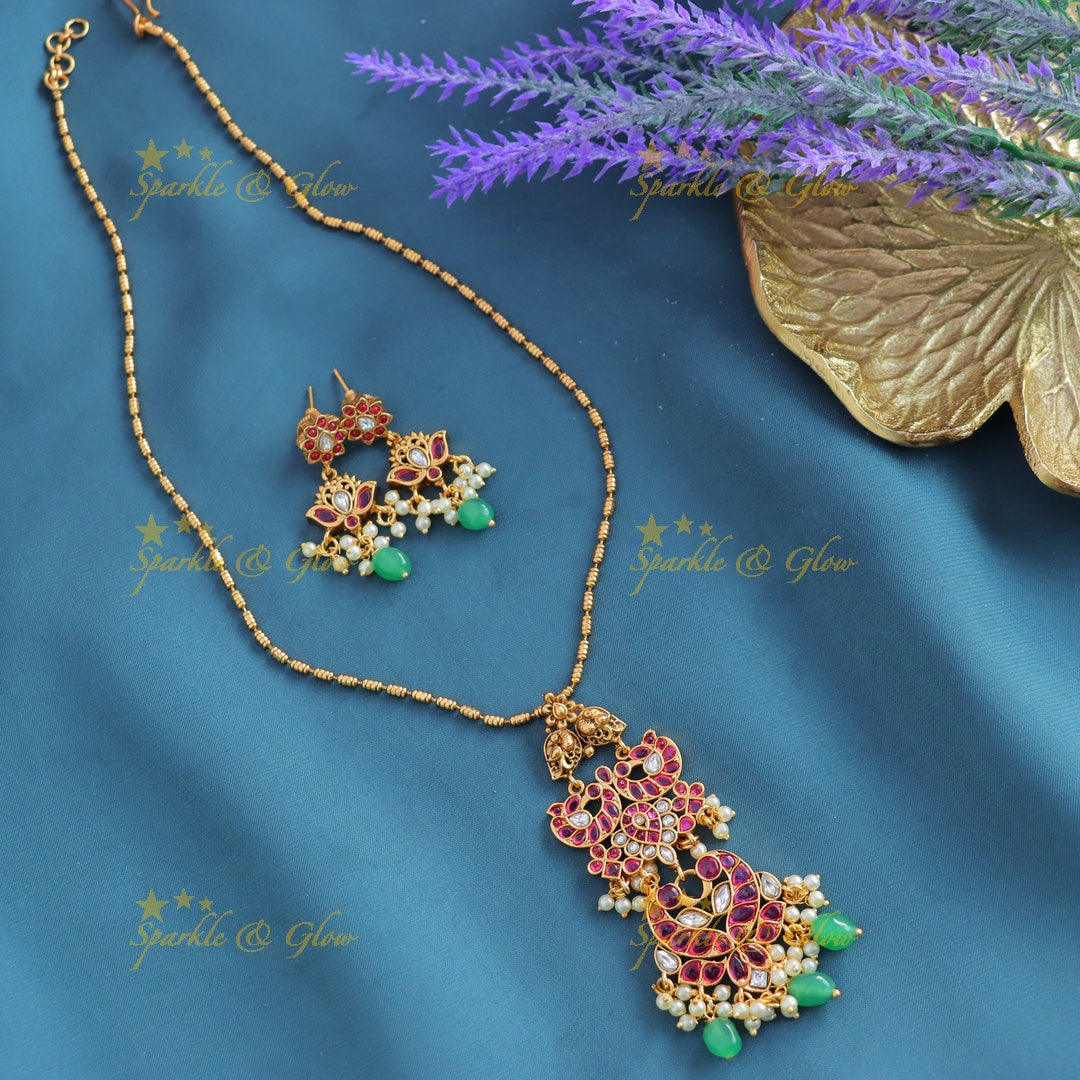Beautiful Kemp Dual tone Peacock Mango Floral pendant chain with gold beads-Gold-multi