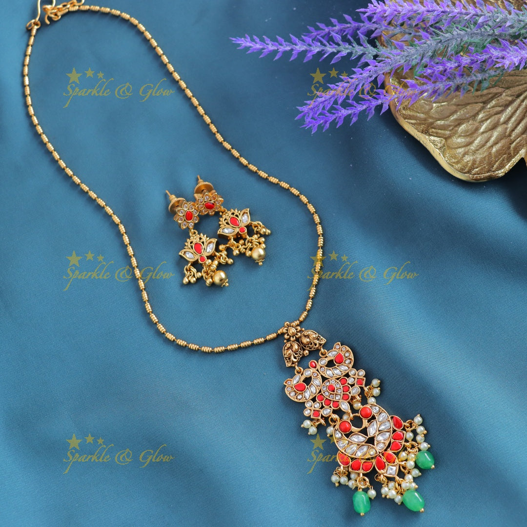 Beautiful Kemp Dual tone Peacock Mango Floral pendant chain with gold beads-Gold-multi