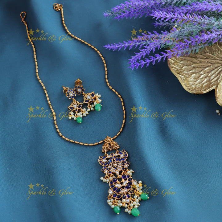 Beautiful Kemp Dual tone Peacock Mango Floral pendant chain with gold beads-Gold-multi