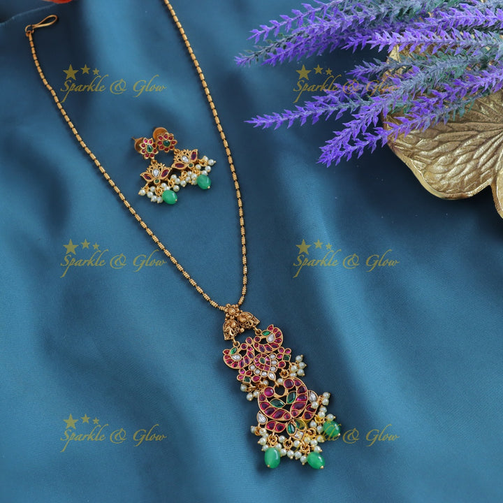 Beautiful Kemp Dual tone Peacock Mango Floral pendant chain with gold beads-Gold-multi