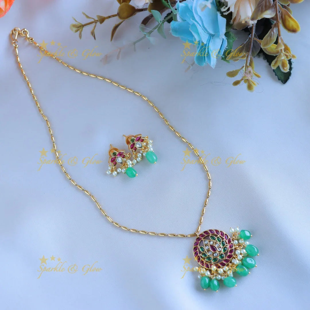 Elegant Lotus Floral pendant chain with green beads-Navarathna - Sparkle and Glow
