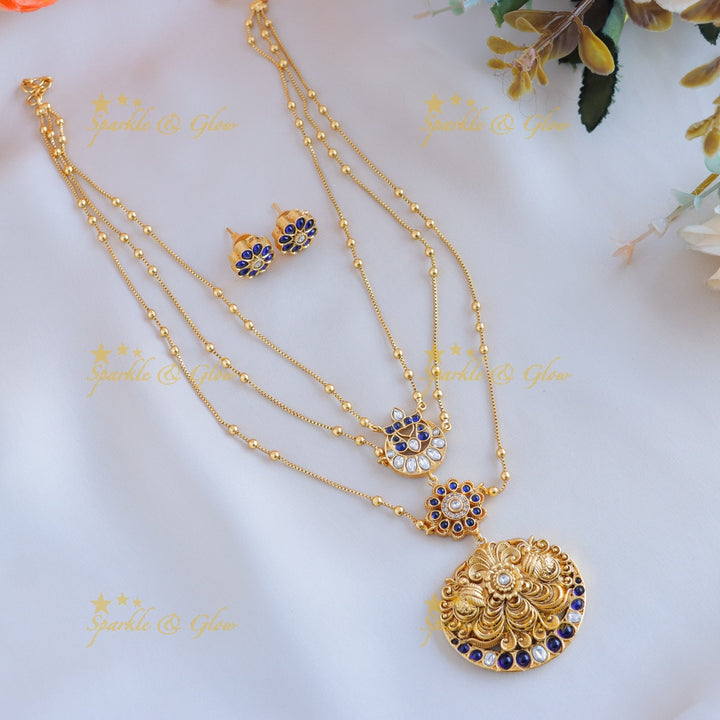 Grand Half moon Peacock Floral layered pendant chain-Green