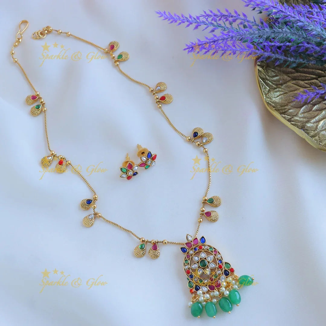 Beautiful Kemp Floral Leaf design pendant chain with green beads-Ruby - Sparkle and Glow