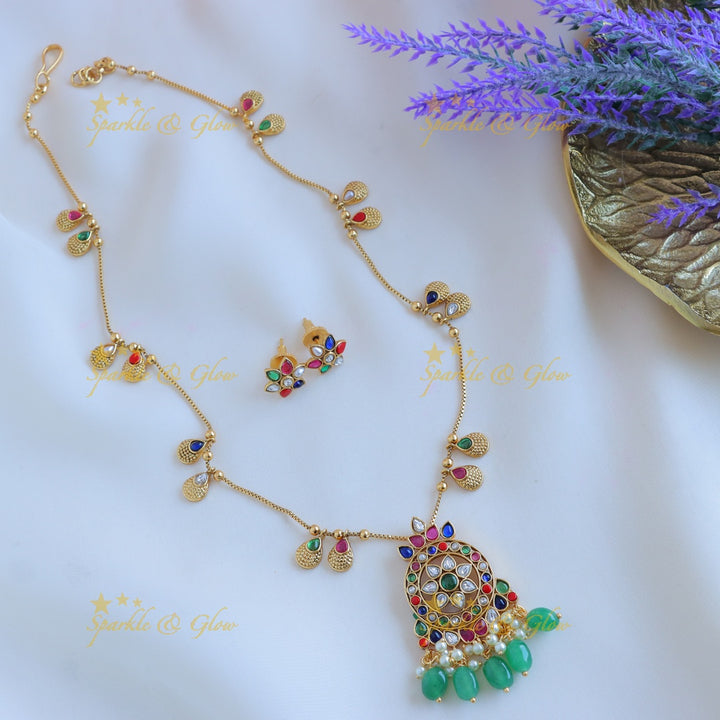 Beautiful Kemp Floral Leaf design pendant chain with green beads-Green-multi