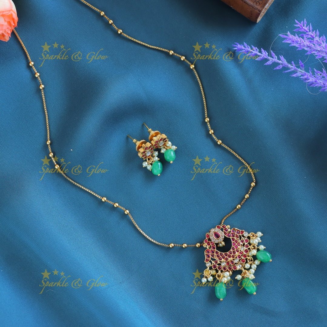 Sparkling Dual tone Peacock Floral pendant chain with green beads-Navarathna