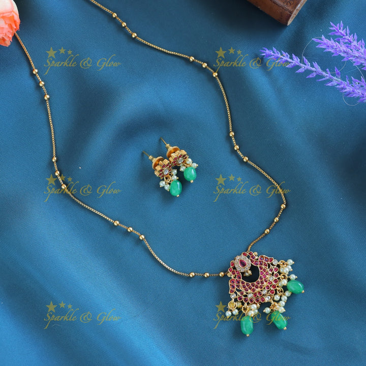 Sparkling Dual tone Peacock Floral pendant chain with green beads-Navarathna