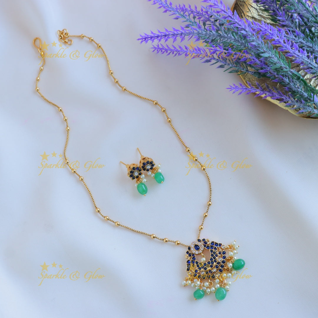 Sparkling Dual tone Peacock Floral pendant chain with green beads-Navarathna