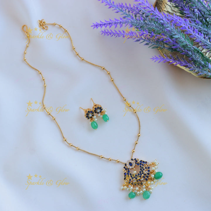 Sparkling Dual tone Peacock Floral pendant chain with green beads-Navarathna