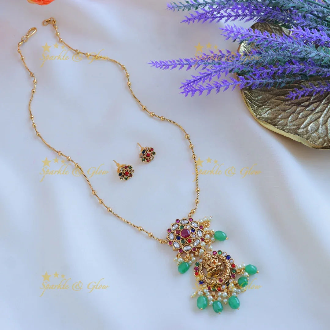 Elegant Idol Lakshmi Half moon Floral design Antique pendant chain with green beads-Ruby - Sparkle and Glow