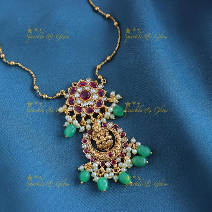 Elegant Idol Lakshmi Half moon Floral design Antique pendant chain with green beads-Ruby - Sparkle and Glow