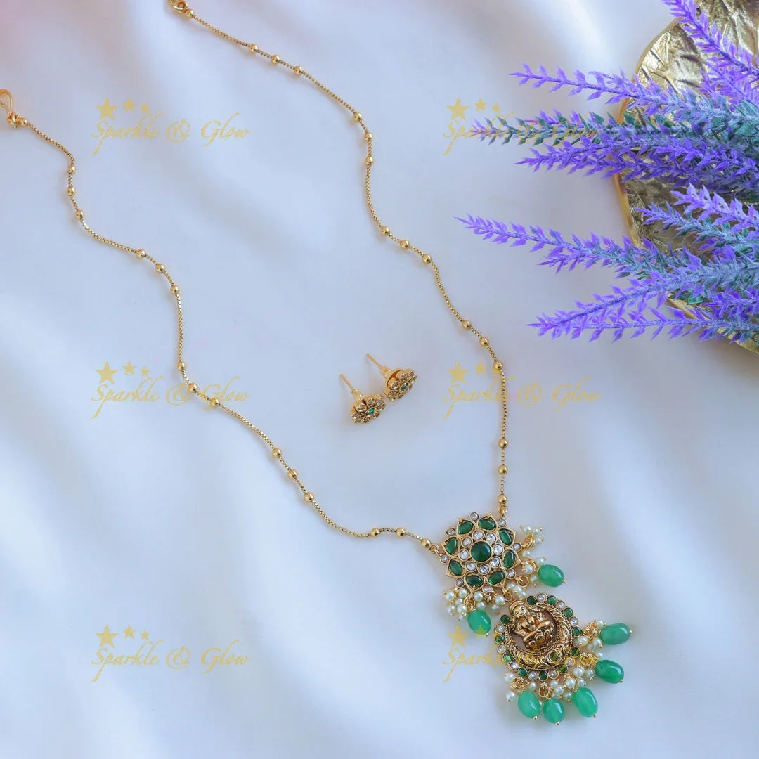 Elegant Idol Lakshmi Half moon Floral design Antique pendant chain with green beads-Ruby - Sparkle and Glow